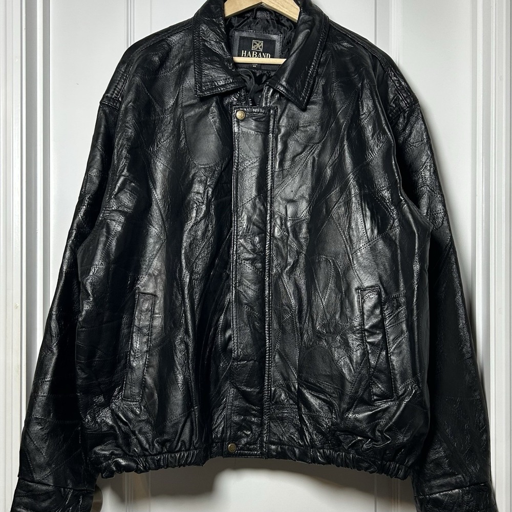 Haband Vintage 80s Genuine Patchwork Leather Black Bomber Jacket Heritage Style
